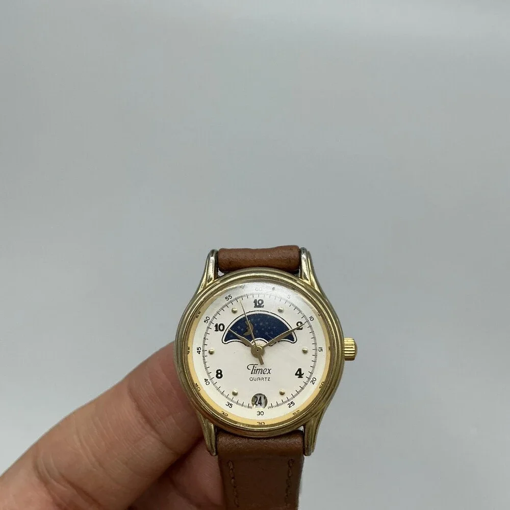 Vintage Timex Womens Watch 24mm Moon Phase Date Brown Leather New Battery